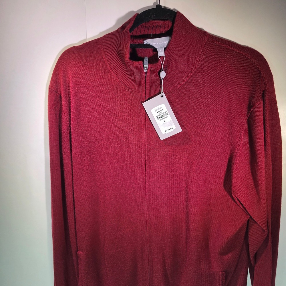 Neiman Marcus Mens L Full Zip Extrafine Merino Wool Red Cardigan Sweater Jacket